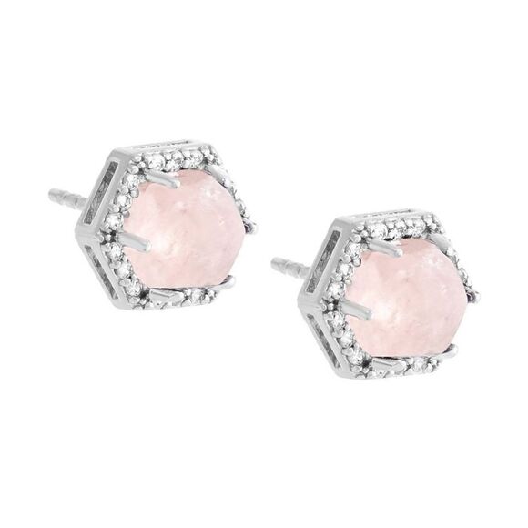 Stunning Genuine Morganite Cabachon & White Topaz Gemstone Stud Earrings~925SS - Picture 3 of 4
